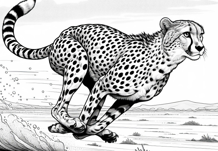 El guepardo salta por la sabana: plantilla de coloración gratuita Cheetah sprinta por la sabana: Plantilla de dibujo gratis