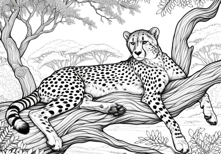 Guepardo acostado en una rama: Imagen para colorear gratuita Guepardo sobre una rama: Imagen para colorear gratuita