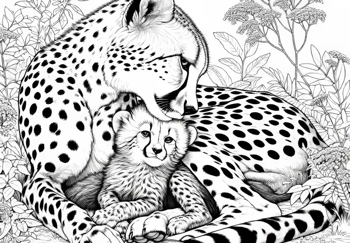 Gepárd anyja és kölyke: Kifestőlap (Ingyenes)
