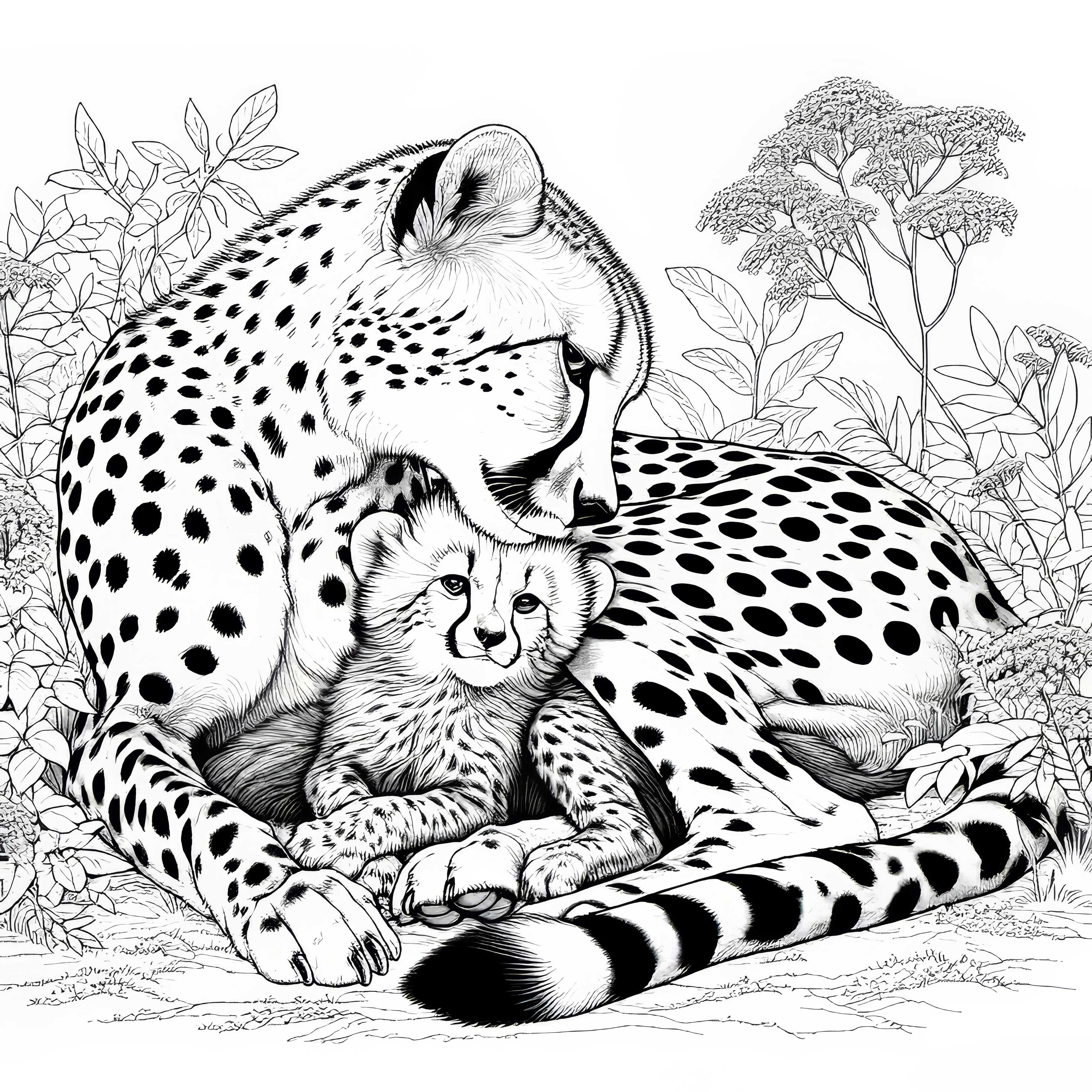 Cheetah madre y su cría: Plantilla para colorear (Gratis)