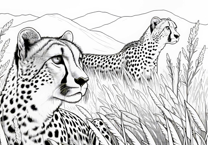 Los guepardos observan a su presa desde la hierba alta: Plantilla de colorear gratis Los guepardos observan a su presa desde la alta hierba: Plantilla de dibujo gratis