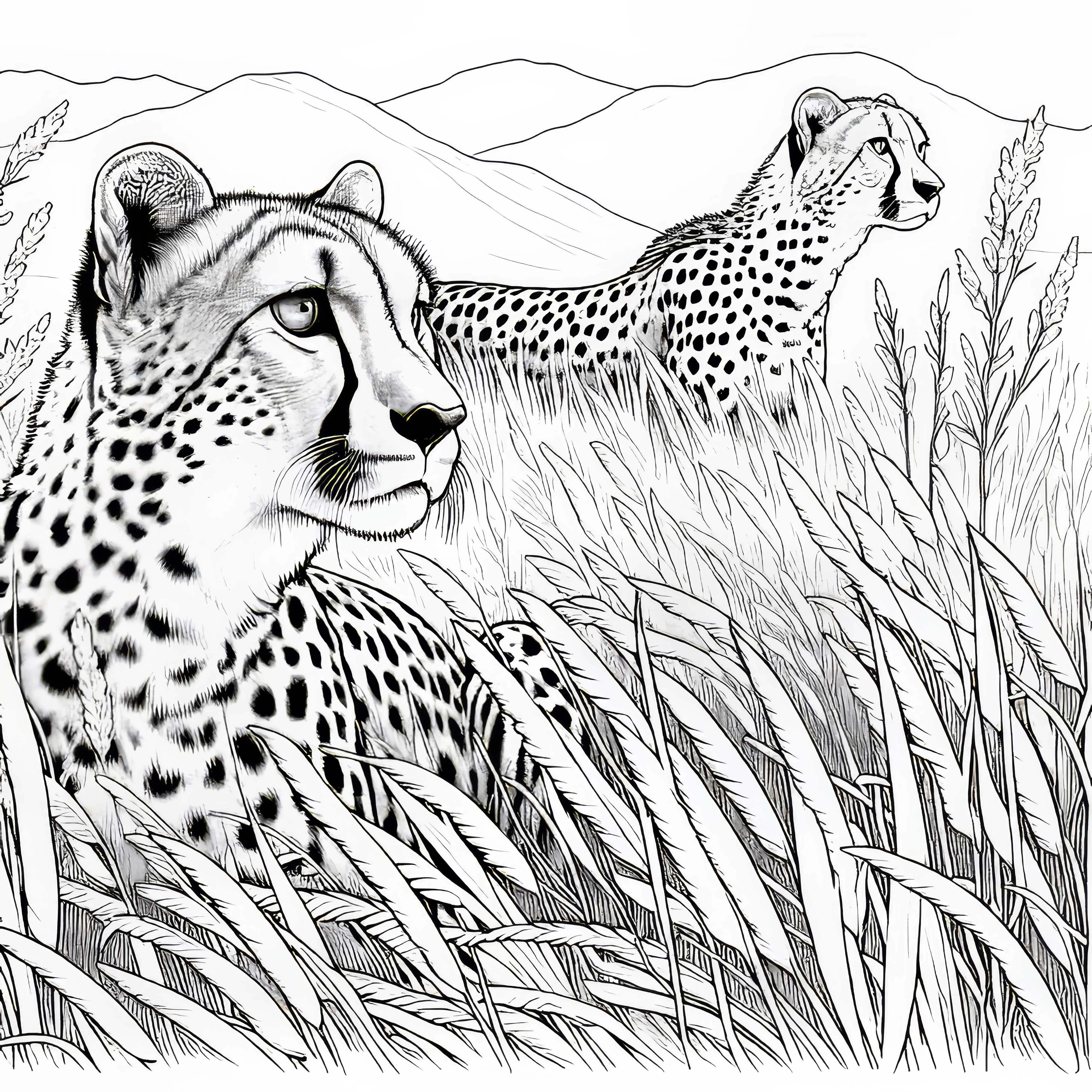 Los guepardos observan a su presa desde la alta hierba: Plantilla de dibujo gratuita