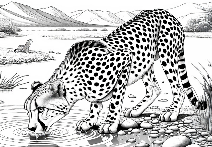 Guepardo en el pozo de agua en el desierto: Plantilla de colorear gratuita Guepardo en el estanque en el desierto: Plantilla de dibujo gratuita