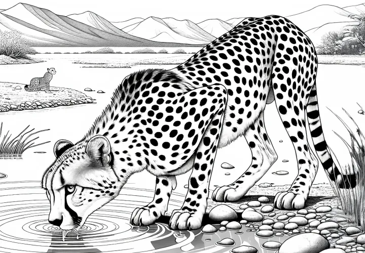 Gepárd a vízlelőhelyen a sivatagban: Ingyenes színezőminta
