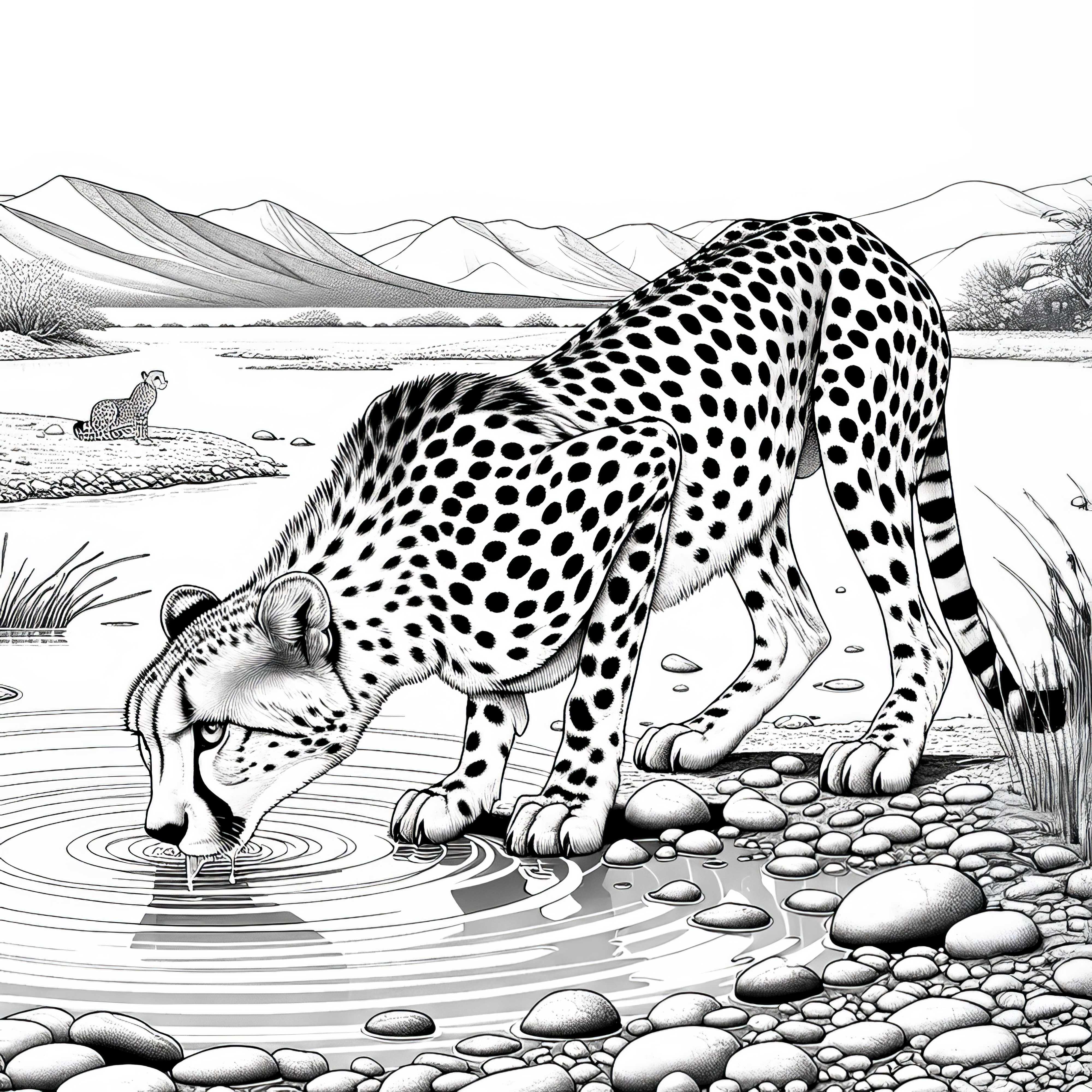 Guepardo en el bebedero en el desierto: Plantilla de pintura gratuita