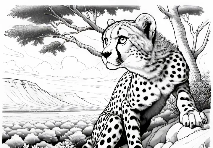 Gepard auf Felsen mit Blick in die Ferne: Detailreiche Malvorlage (Kostenlos)