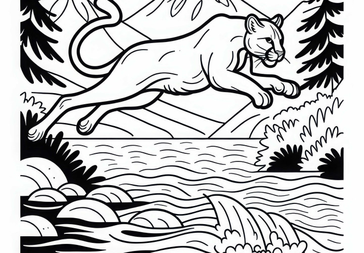Puma springt kraftvoll über Fluss – Malvorlage einfach gratis Puma springt kraftvoll über Fluss – Malvorlage einfach gratis