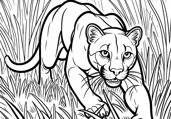 Пума охотится по высокой траве – Простая раскраска бесплатно