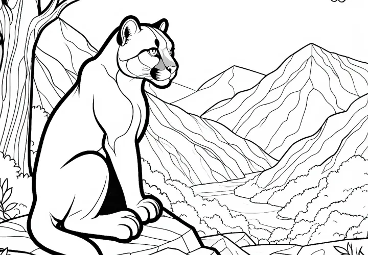 Пума сидит на скале и с величественным видом смотрит в долину – раскраска бесплатно