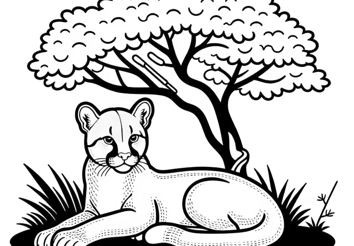 Пума отдыхает в тени дерева – Раскраска простая, бесплатно