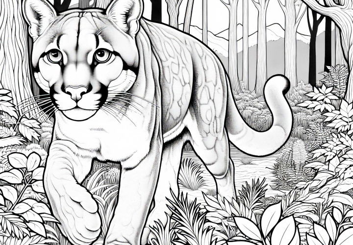 Puma schleicht lautlos durch dichten Wald – Ausmalbild kostenlos Puma schleicht lautlos durch dichten Wald – Ausmalbild kostenlos