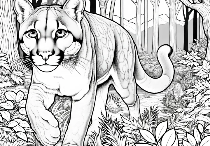 Пума бесшумно крадется через густой лес – раскраска бесплатно