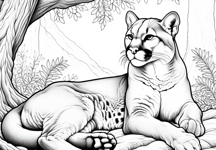 Puma ruht sich im Schatten eines Baumes aus – Ausmalbild gratis Puma ruht sich im Schatten eines Baumes aus – Ausmalbild gratis