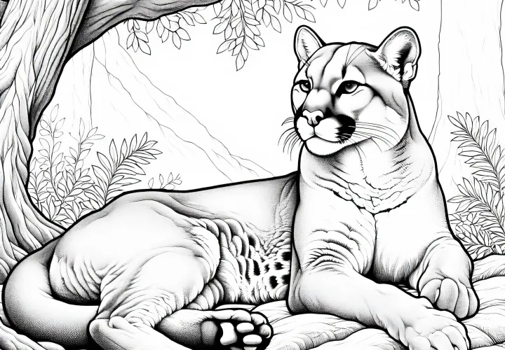 Пума отдыхает в тени дерева – Бесплатная раскраска