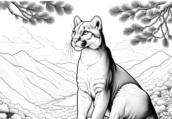 Puma sitzt auf Felsen und blickt majestätisch ins Tal – Malvorlage gratis Puma sitzt auf Felsen und blickt majestätisch ins Tal – Malvorlage gratis