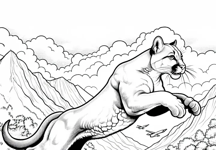 Пума мощно прыгает через реку – раскраска бесплатно