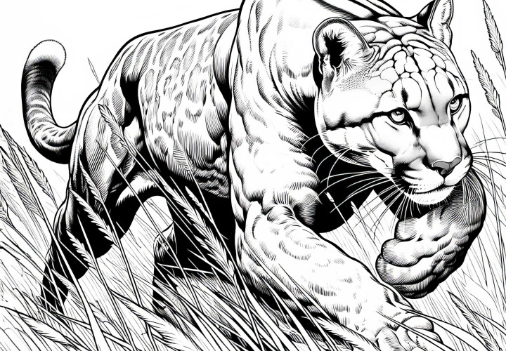 Puma jagt durch das hohe Gras – Ausmalbild kostenlos und detailreich Puma jagt durch das hohe Gras – Ausmalbild kostenlos und detailreich