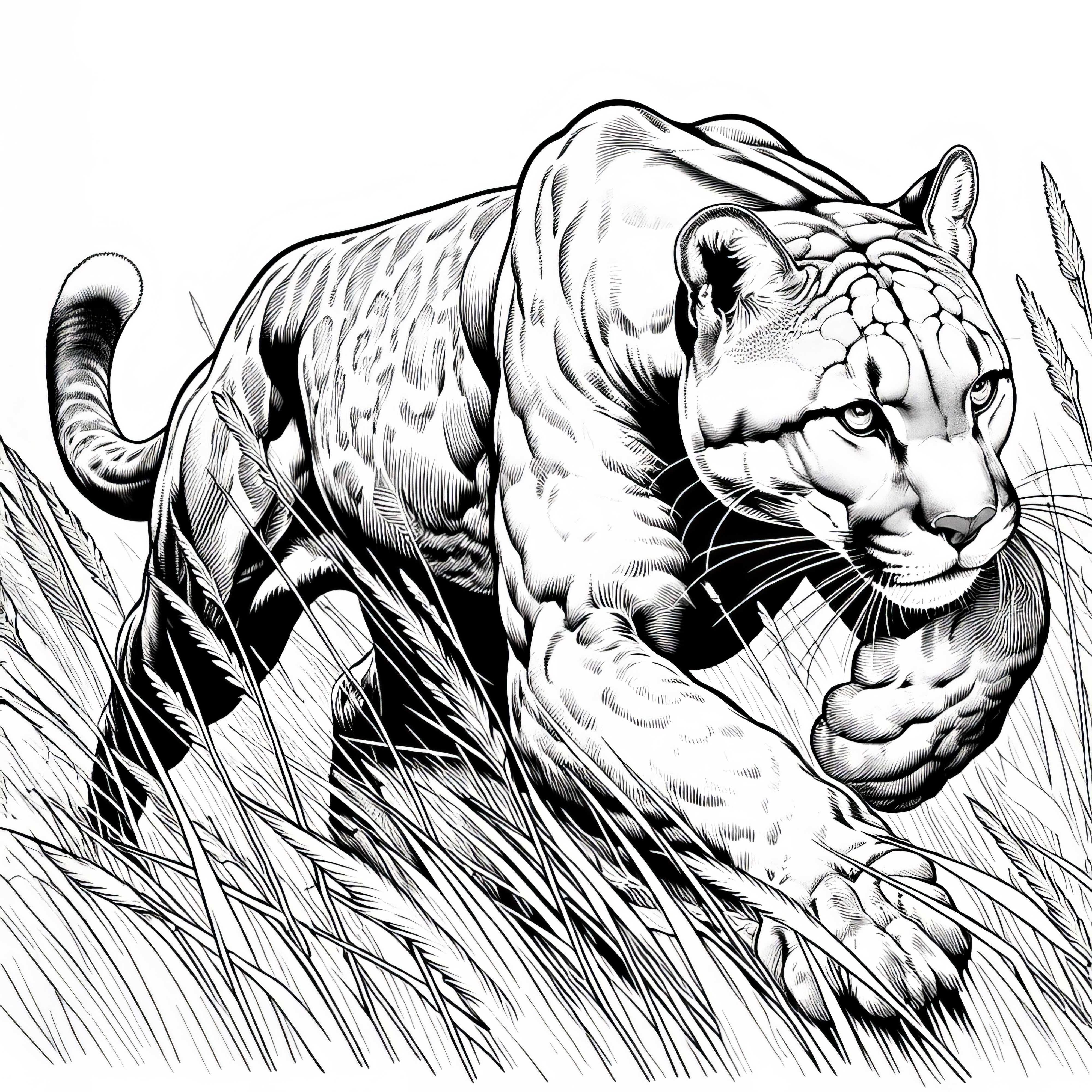 Puma jagt durch das hohe Gras – Ausmalbild kostenlos und detailreich