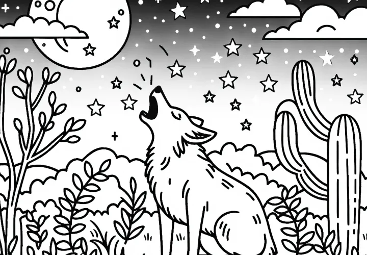 Койот воет под звездным небом – бесплатная раскраска