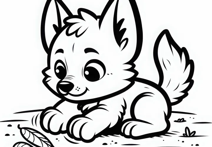 Щенок койота играет с листом - бесплатная раскраска