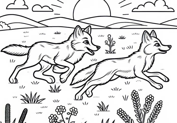 Два койота бегут по прерии – бесплатная раскраска