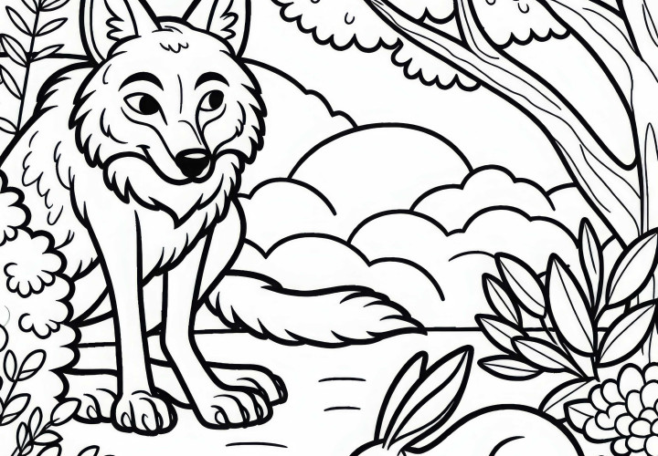 코요테가 덤불 뒤에서 토끼를 노리고 있다 - 무료 색칠하기 도안