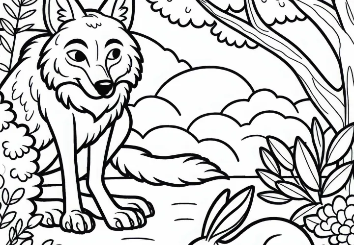 Койот поджидает кролика за кустом – Бесплатная раскраска