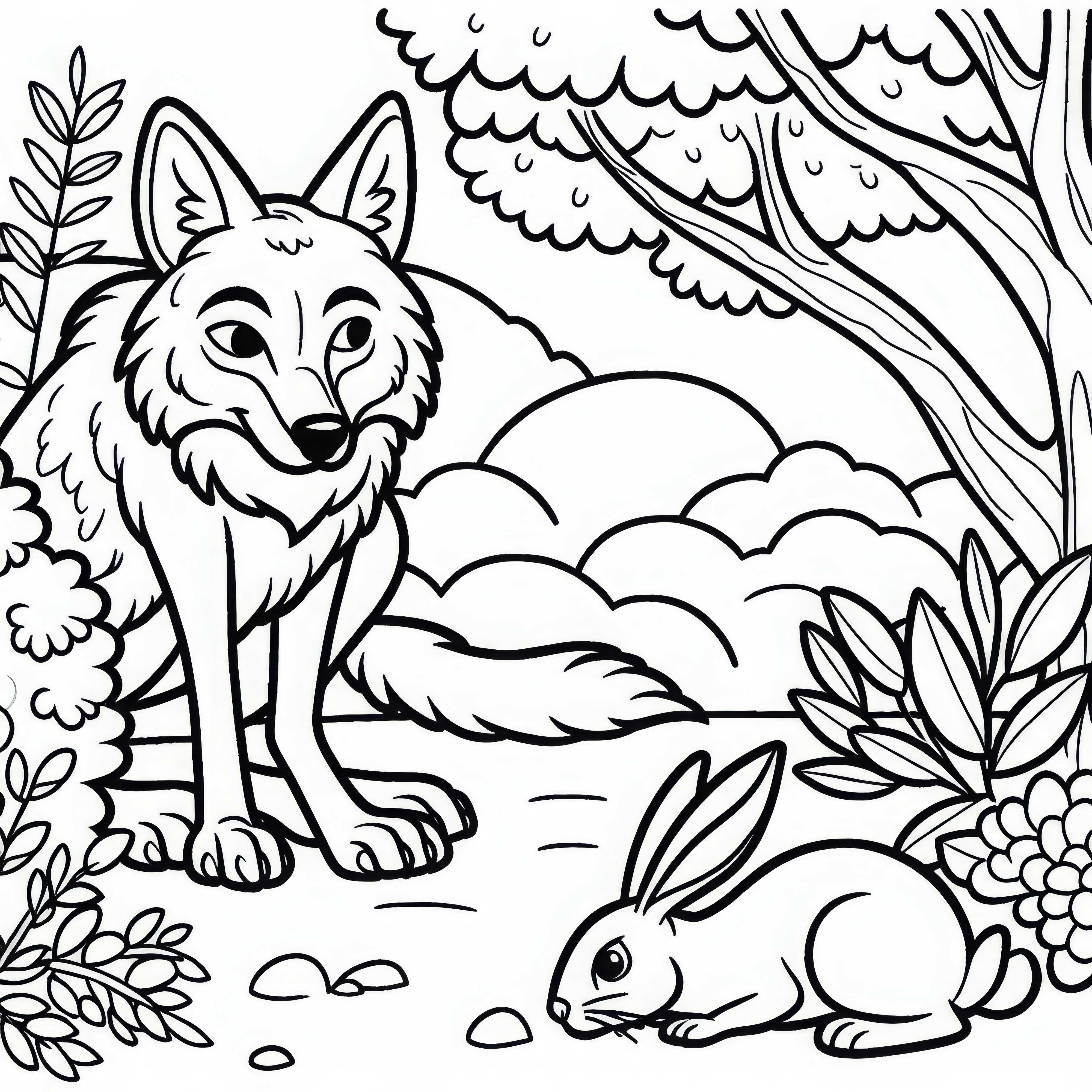 The coyote is lurking behind the bush, waiting for the rabbit – Free coloring template The coyote is lurking behind the bush waiting for the rabbit - Free coloring page