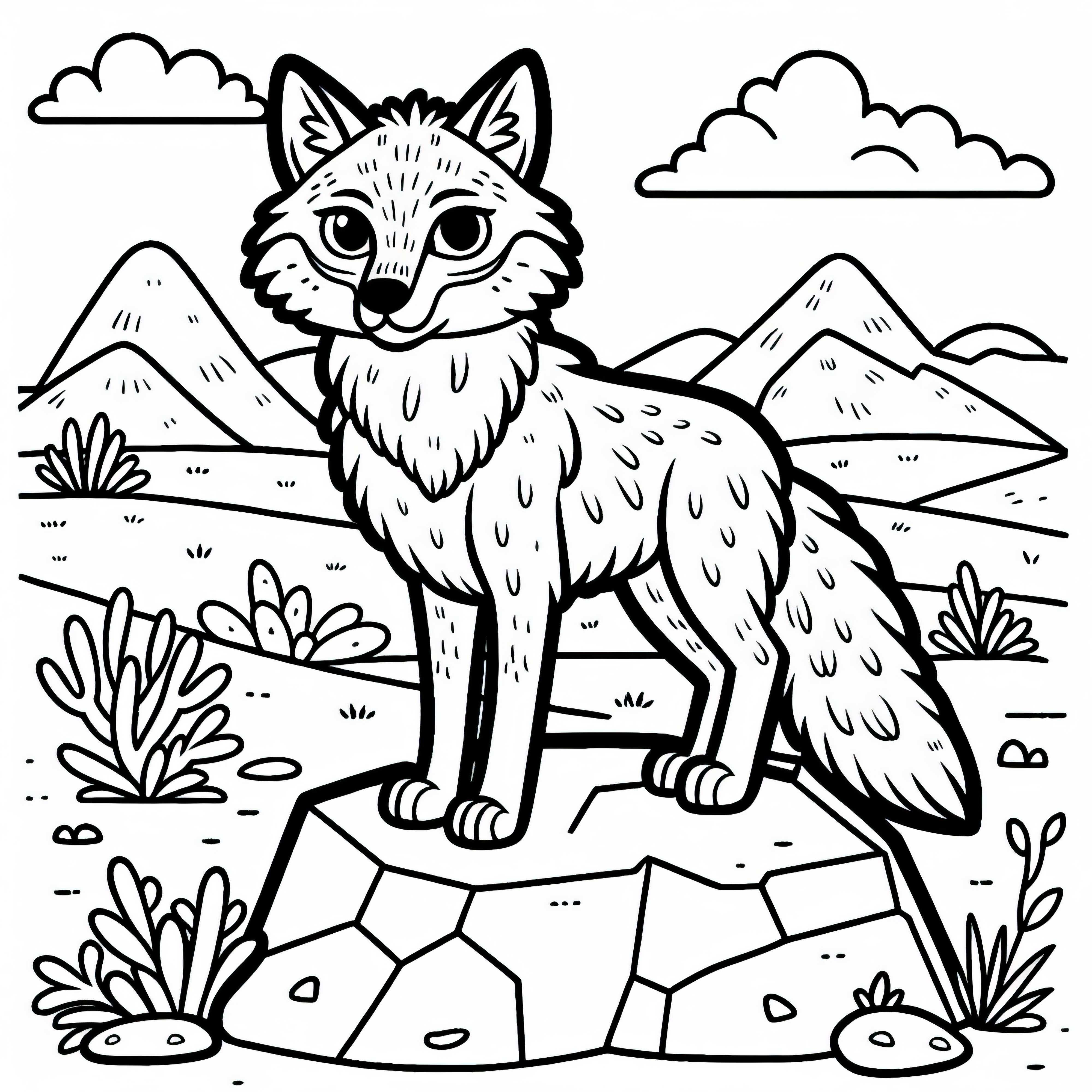 Coyote stands on a rock and observes his surroundings – Free coloring page Coyote stands on a rock and observes its surroundings – Free coloring page