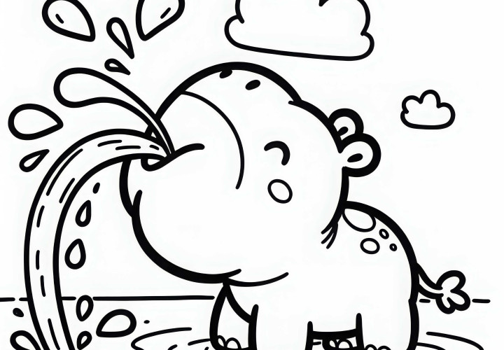 Hippopotamus splashes water – free simple coloring template