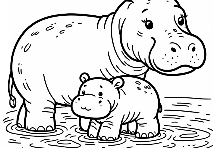 Hippo Baby Stands Next to Its Mother in Shallow Water Coloring Page Free