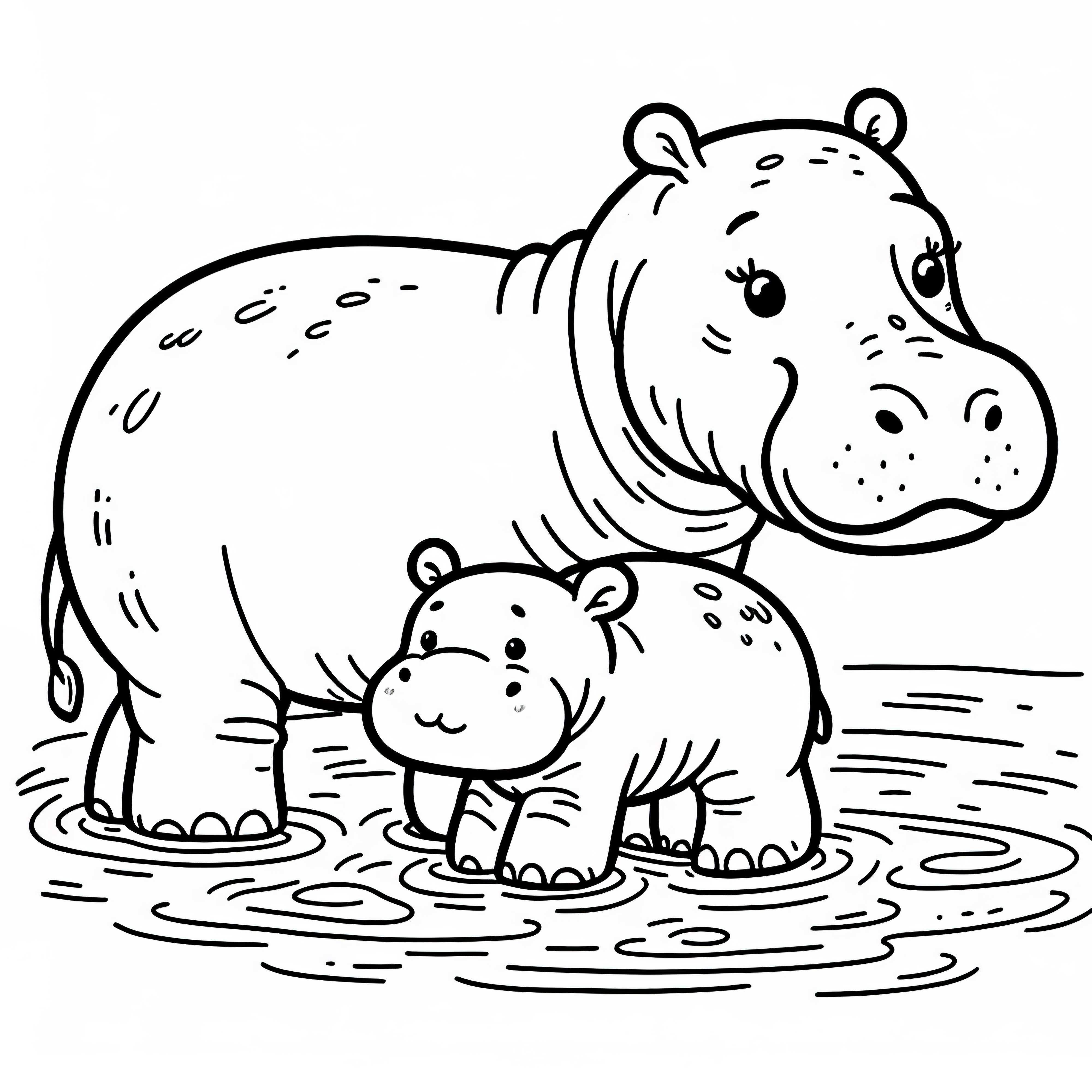Hrochí mládě stojí vedle své matky v mělké vodě omalovánka zdarma Miminko hrocha stojí vedle své matky v mělké vodě, omalovánka zdarma