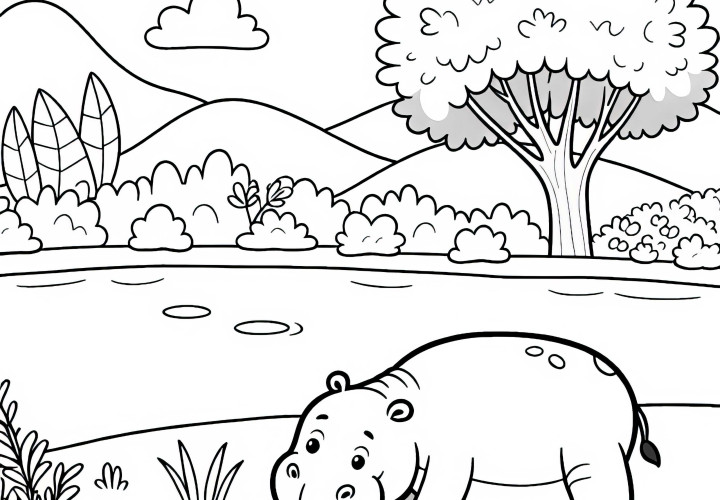 Hippopotamus eating grass on the bank of a river - free coloring page