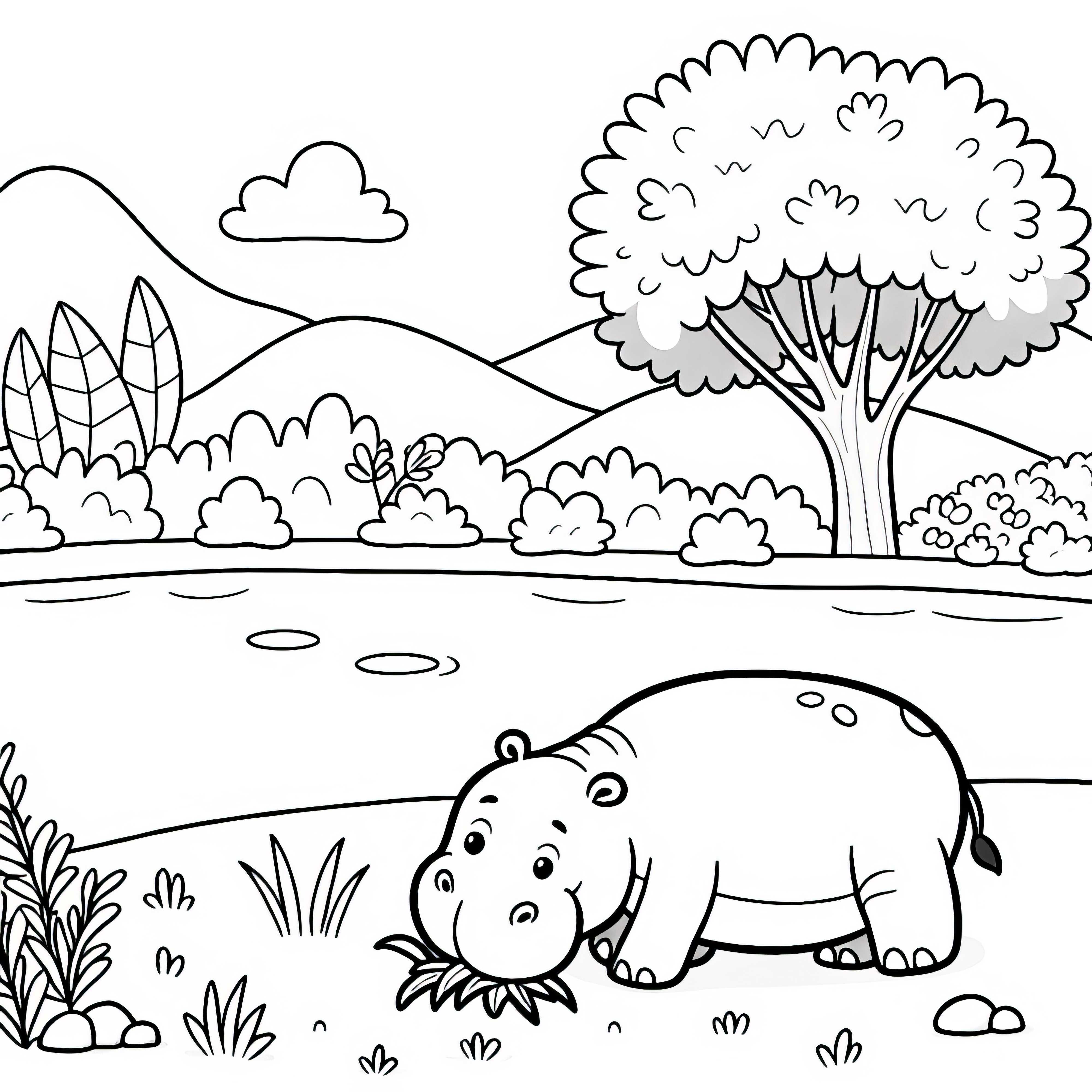하마가 강가에서 풀을 먹고 있는 모습 – 무료 색칠공부 페이? 하마가 강둑에서 풀을 먹고 있는 모습 - 무료 색칠공부용 도안
