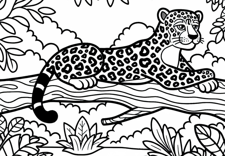 Jaguar on branch in the jungle: Coloring page to download (Free)