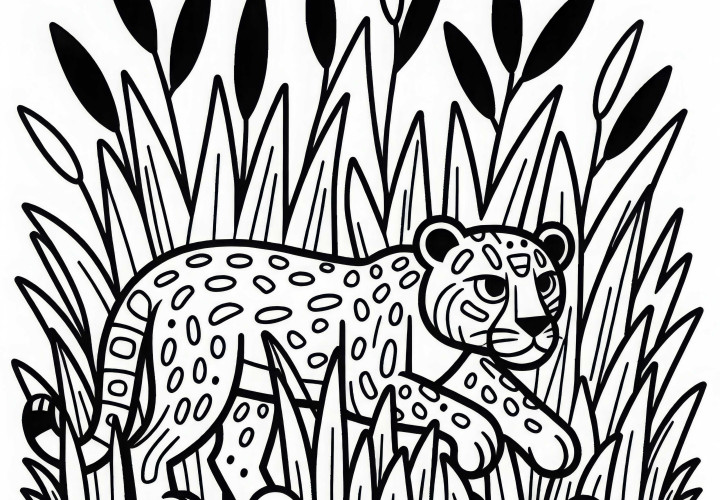 Jaguar se plíží vysokou trávou: Šablona k vytištění ke stažení (zdarma)