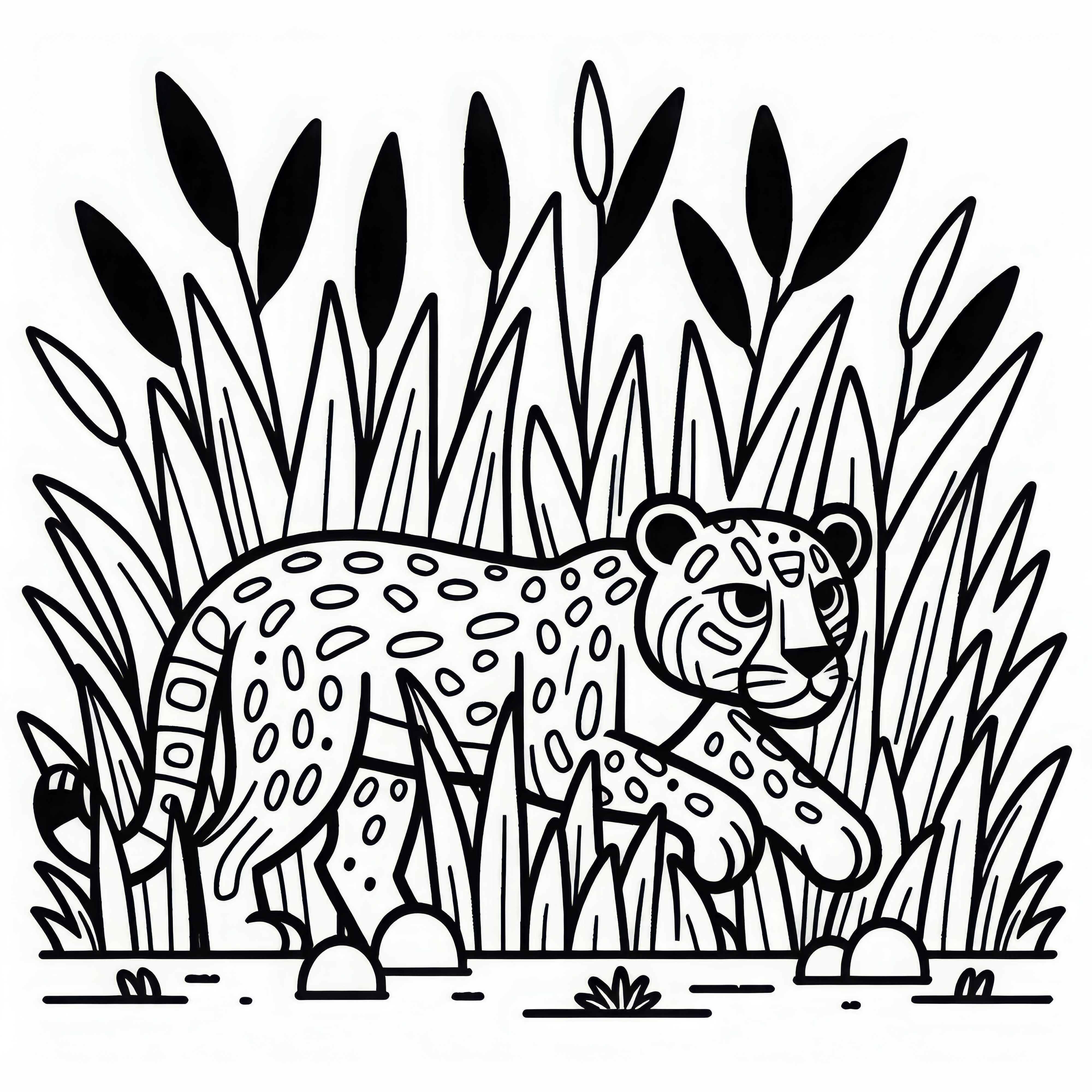 자구아르는 높은 풀 속에서 살금살금 기어갑니다: 무료 다운로드 색칠공부 도안 재규어가 높은 풀 속을 기어 다닙니다: 다운로드 가능한 색칠하기 도안 (무료)