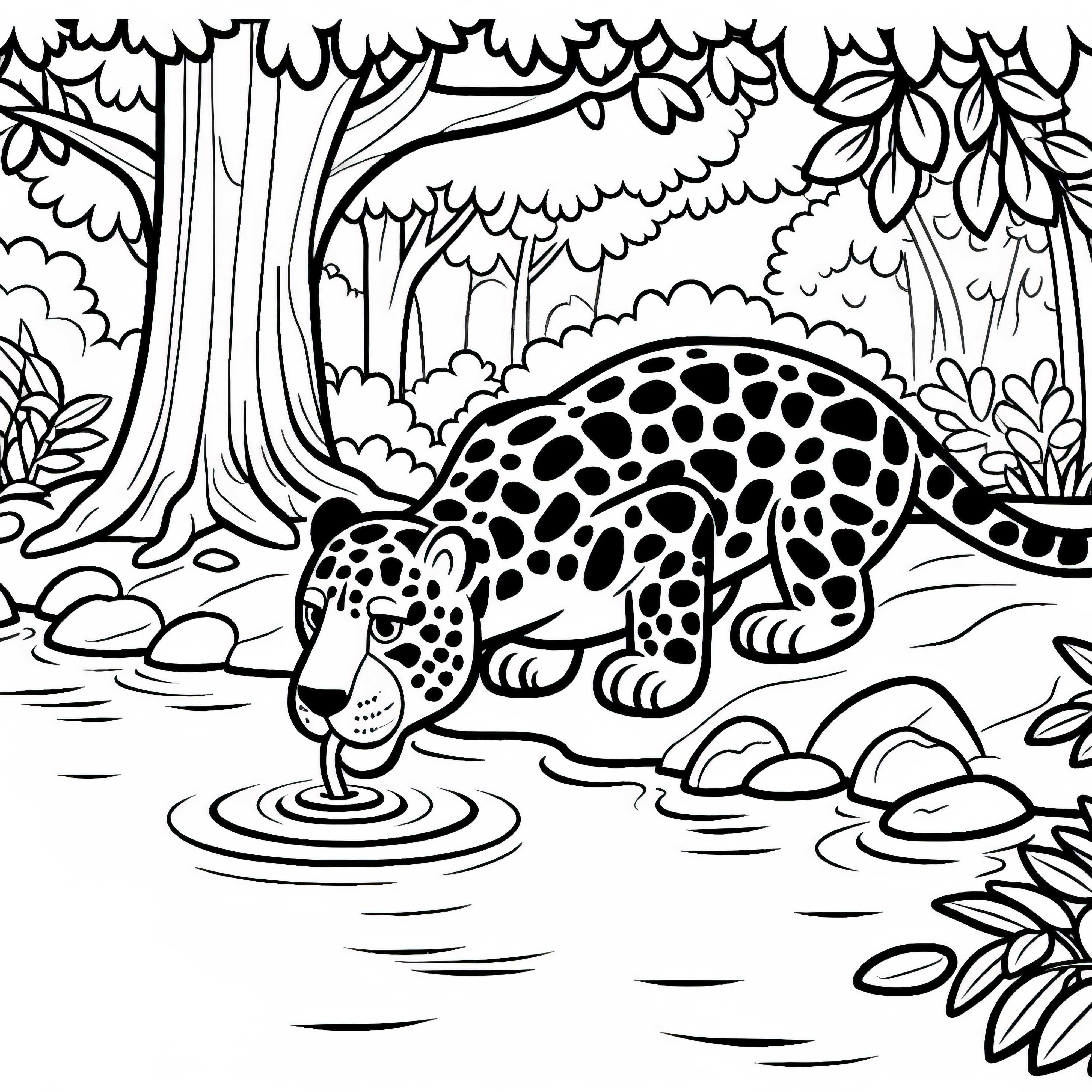 ジャガーがジャングルの川で飲んでいる: ダウンロード可能な塗り絵 (無料) ジャガーがジャングルの川で飲んでいる:ダウンロード用の塗り絵(無料)