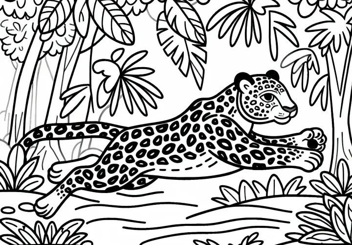 Ягуар через тропический лес: раскраска для скачивания (бесплатно)