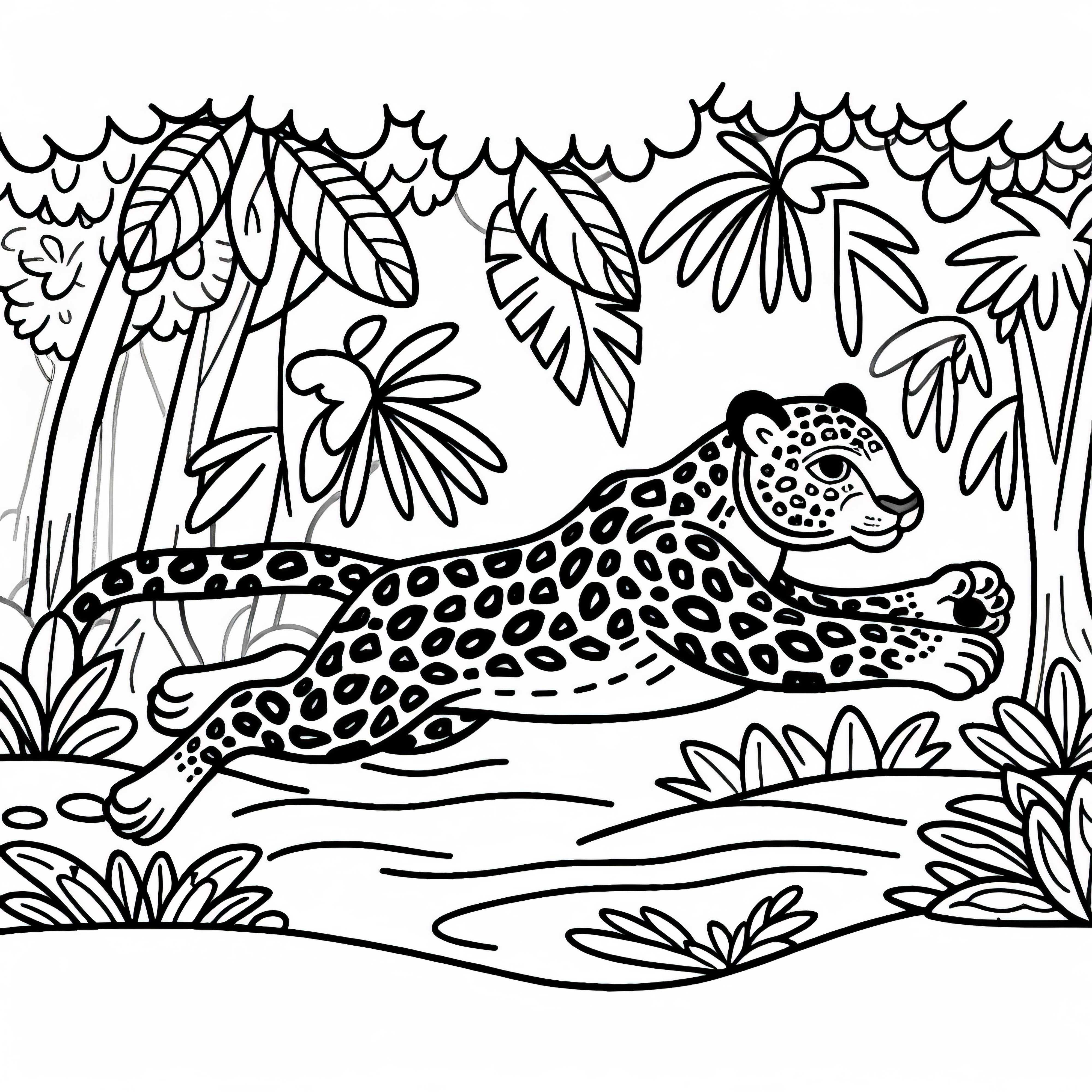 ジャガーが熱帯雨林を進む：ダウンロード可能な塗り絵（無料）