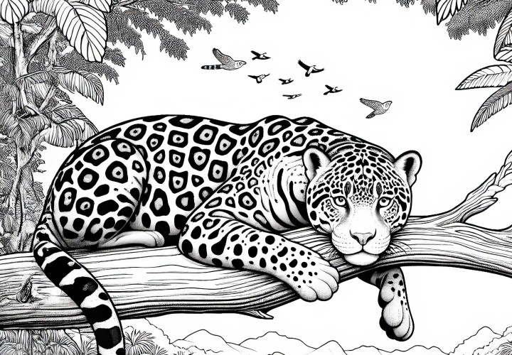 Jaguar leží uvolněně na větvi: Detailní malovací šablona (zdarma)