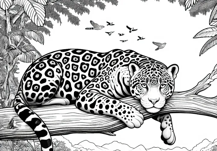 Ягуар расслабленно лежит на ветке: подробный раскраска (бесплатно)