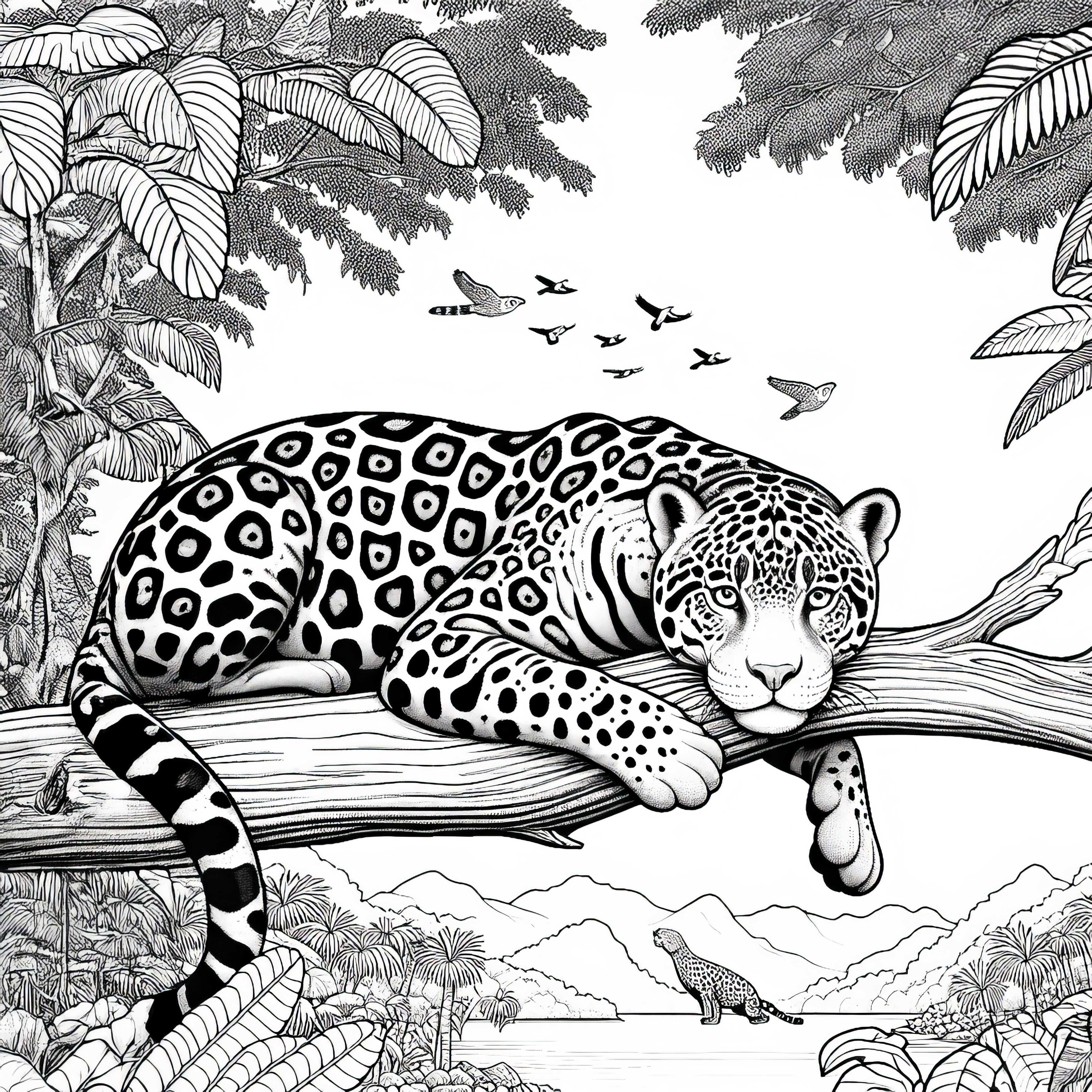 Τζάγκουαρ ξαπλωμένο χαλαρά σε κλαδί: Λεπτομερής εικόνα για χρωματισμό (Δωρεάν) Η Τζάγκουαρ ξαπλώνει χαλαρά σε κλαδί: Λεπτομερές σχέδιο χρωματισμού (Δωρεάν)