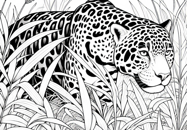 Jaguar sneaks through grass: Detailed coloring page (Free)
