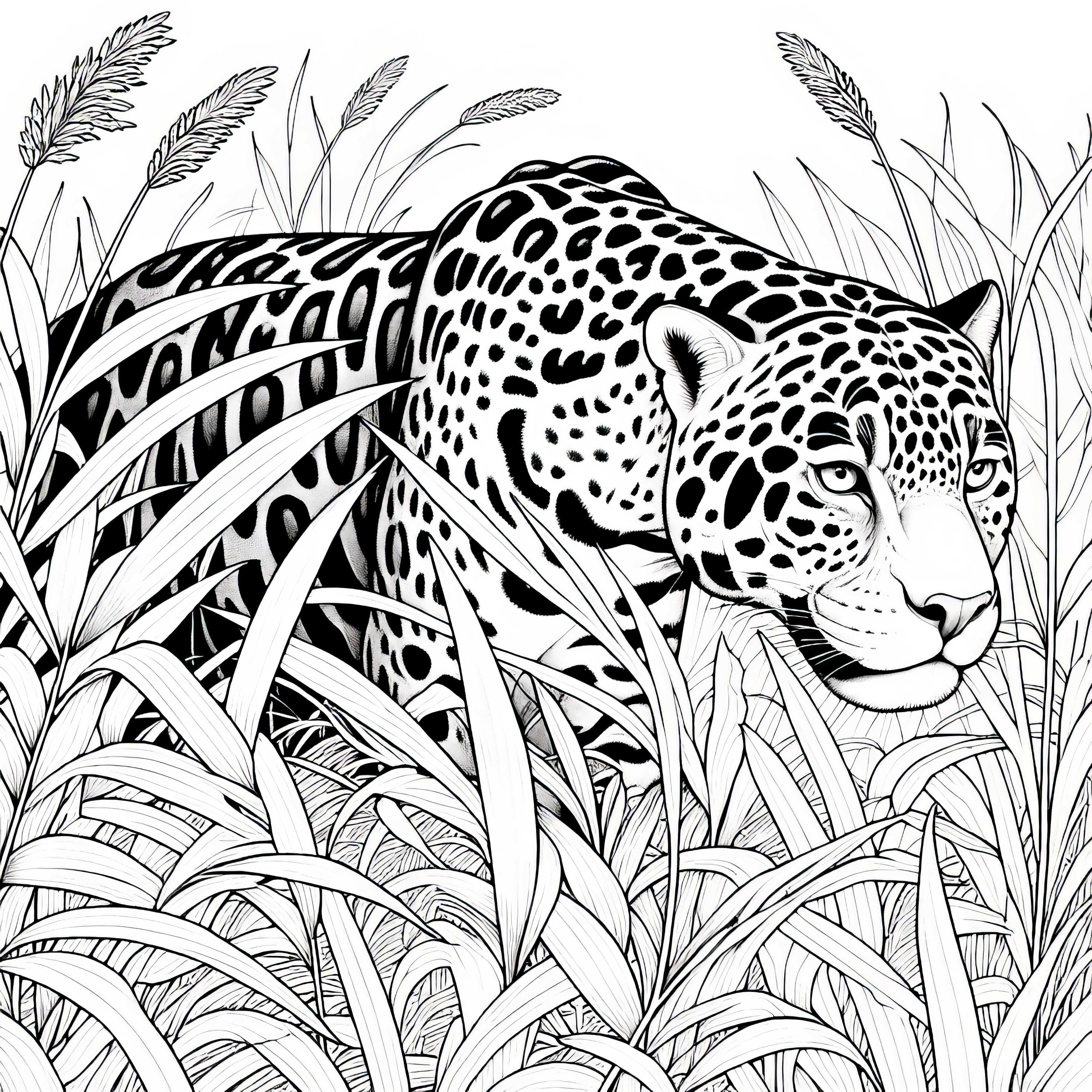 Jaguar sneaks through grass: Detailed coloring template (Free)