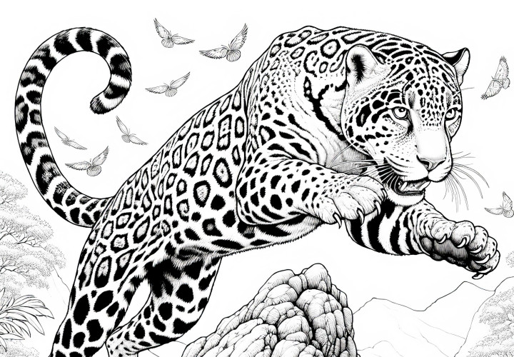 Jaguar jumps over rocks: Coloring page in high quality (Free)