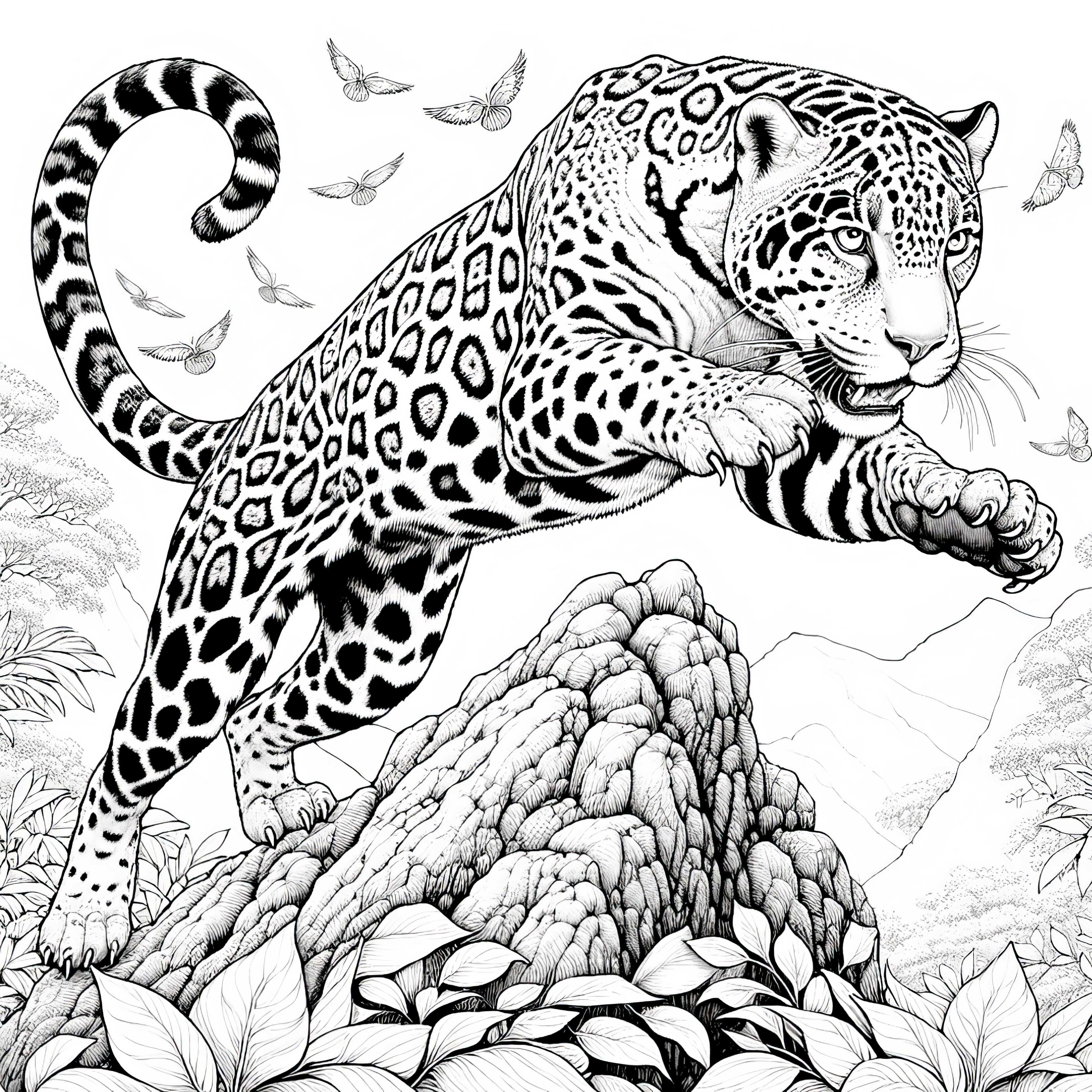 Jaguar skáče přes skály: Omalovánka ve vysoké kvalitě (zdarma)