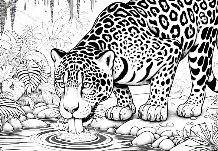 Jaguar drinks from jungle river: Detailed coloring page (Free)