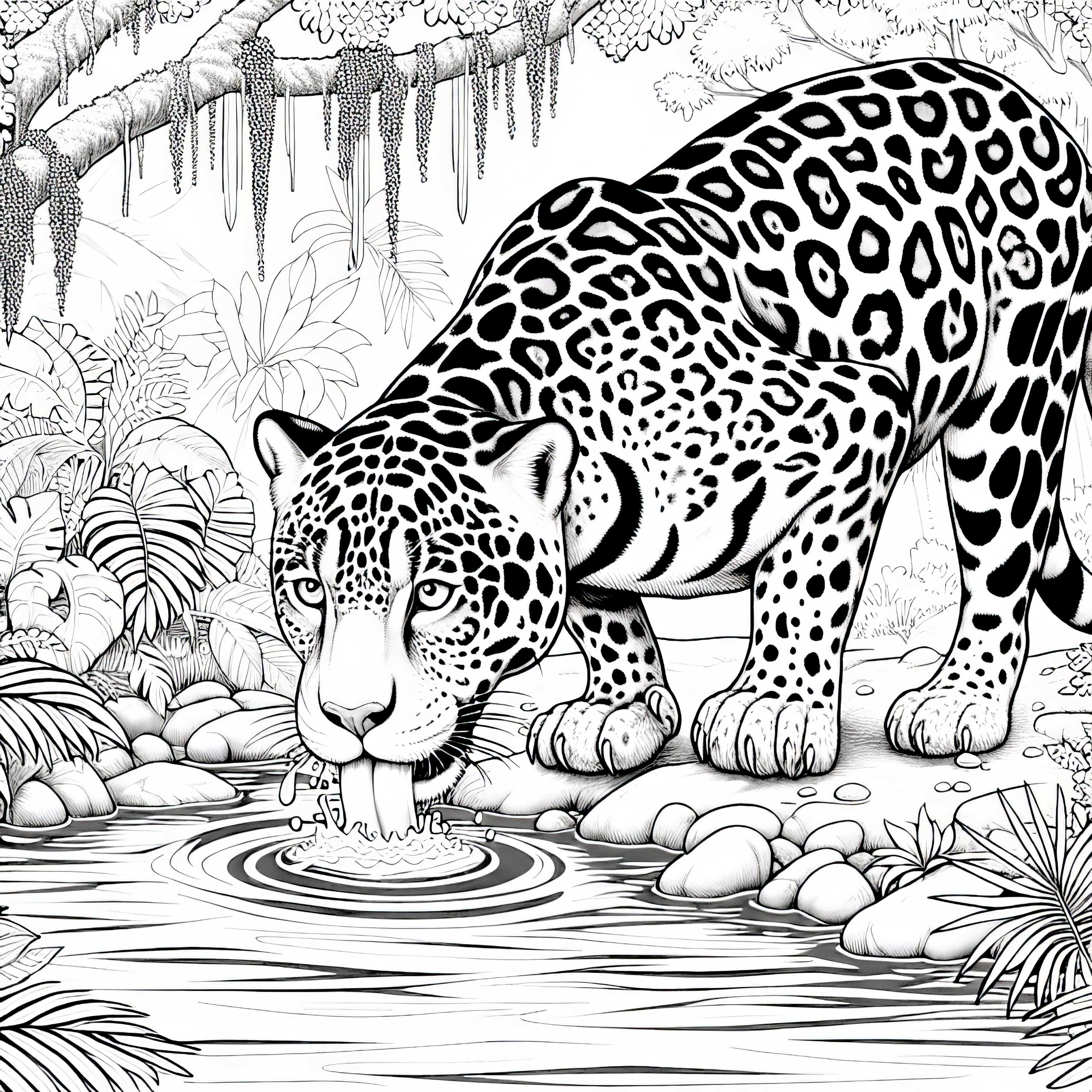 Jaguar pije z džunglové řeky – Podrobná omalovánka zdarma Jaguár pije z džunglové řeky – Podrobná omalovánka zdarma