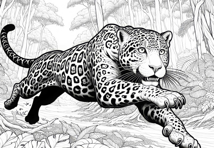 Jaguar v deštném pralese: Malovací obrázek ke stažení (zdarma)